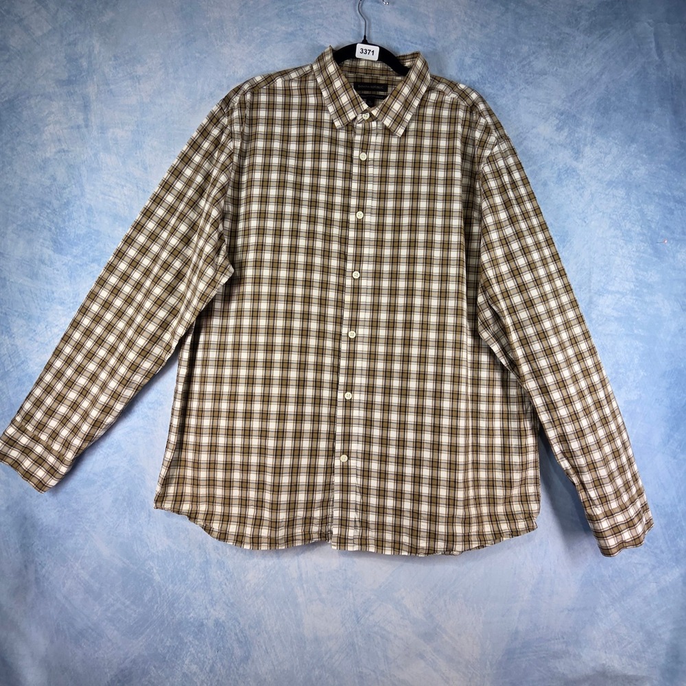Banana‎ Republic Mens XL Untucked Standard Fit Plaid Button Down Shirt Brown Tan